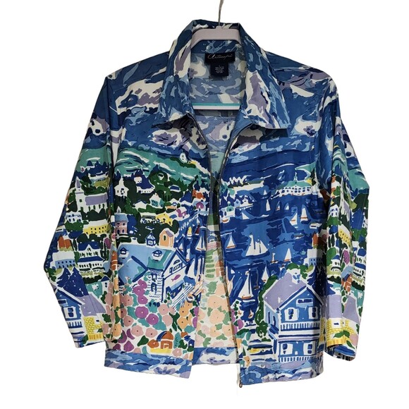 Artscapes Womens Cotton Canvas Full-Zip Jacket Sz L Blue Multicolor Wearable Art - Picture 1 of 8